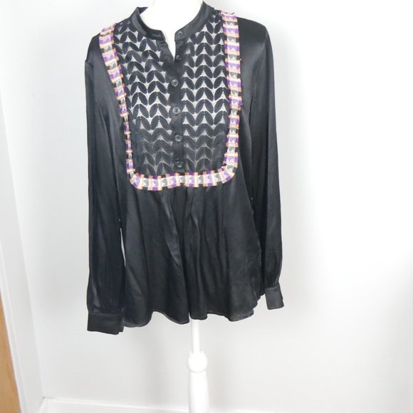 Sui by Anna Sui Black Blouse Silky with Lace and Embroider Details Large - Picture 6 of 16